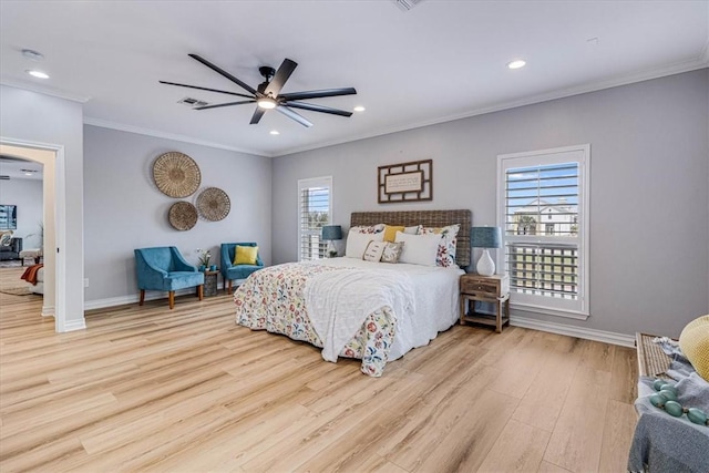 bedroom with recessed lighting, wood finished floors, visible vents, baseboards, and ornamental molding