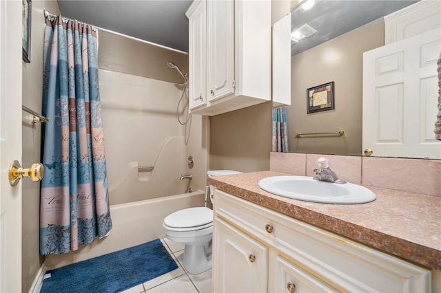 full bathroom featuring toilet, vanity, tile patterned floors, and shower / bathtub combination with curtain