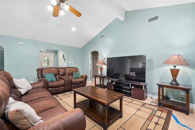 living room with high vaulted ceiling, ceiling fan, and beamed ceiling