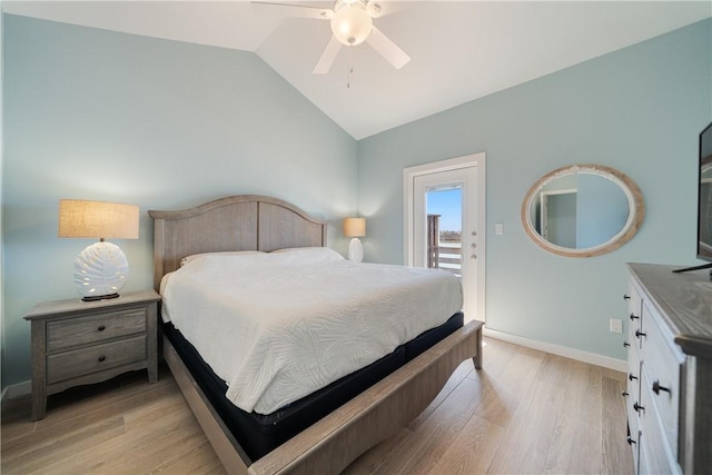 bedroom with access to exterior, baseboards, ceiling fan, lofted ceiling, and light wood-style flooring