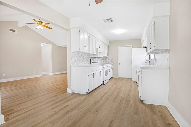 kitchen featuring white cabinetry, decorative backsplash, lofted ceiling with beams, and white appliances