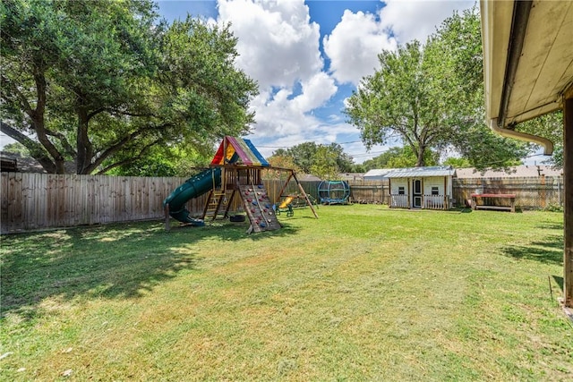 10637 Westwood Dr, Corpus Christi, TX 78410 - fenced backyard with a playground and a storage shed