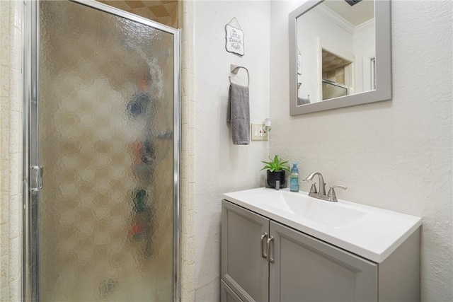 10637 Westwood Dr, Corpus Christi, TX 78410 - full bath with vanity, ornamental molding, and a stall shower