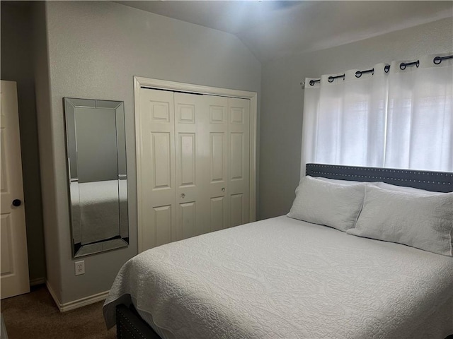 6333 Oso Pkwy, Corpus Christi, TX 78414 - bedroom featuring dark colored carpet, vaulted ceiling, a closet, and baseboards