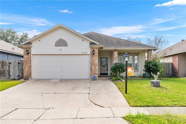 ranch-style house with a garage and a front lawn