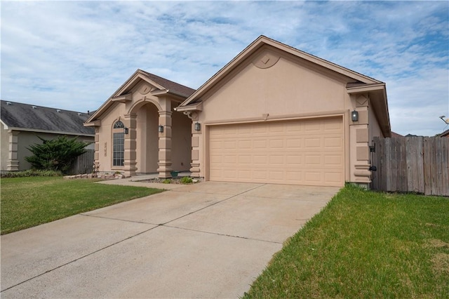 single story home with an attached garage, fence, concrete driveway, stucco siding, and a front lawn