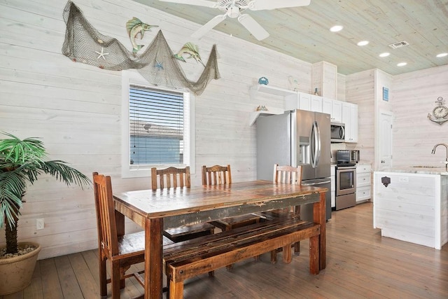 dining area with visible vents, a ceiling fan, wooden ceiling, hardwood / wood-style floors, and wood walls