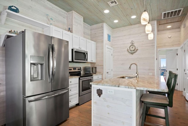 kitchen with stainless steel appliances, visible vents, a sink, and wood walls