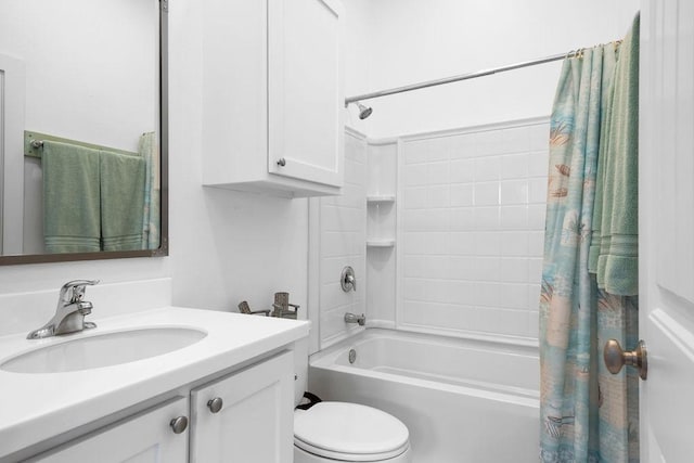 bathroom with toilet, shower / bathtub combination with curtain, and vanity