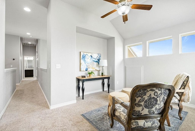 2530 Las Estrellas St, Corpus Christi, TX 78414 - living area with attic access, carpet flooring, a ceiling fan, recessed lighting, and lofted ceiling