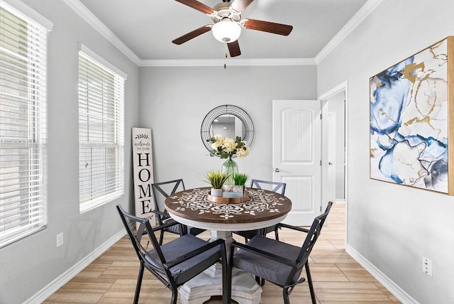 2530 Las Estrellas St, Corpus Christi, TX 78414 - dining room featuring crown molding, ceiling fan, and light wood finished floors