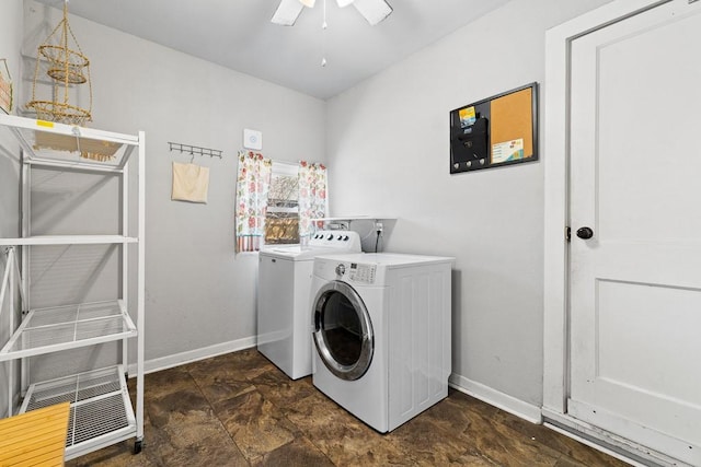 clothes washing area featuring ceiling fan, laundry area, baseboards, independent washer and dryer, and stone finish floor