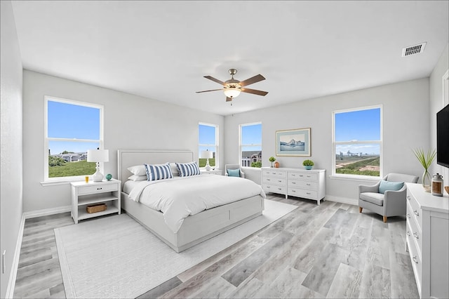 bedroom featuring multiple windows, visible vents, and light wood finished floors