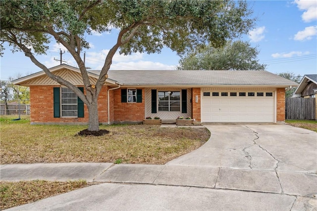 single story home featuring a garage and a front lawn