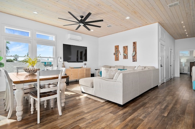 living room with a wall unit AC, ceiling fan, wooden ceiling, and dark hardwood / wood-style floors