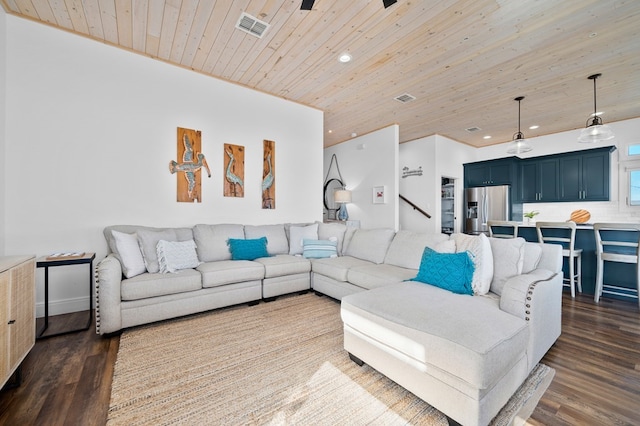 living room with wood ceiling and dark hardwood / wood-style flooring