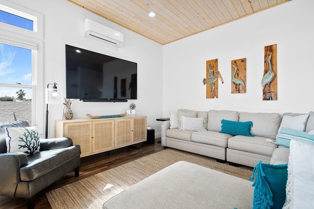 living room featuring an AC wall unit, hardwood / wood-style floors, and wood ceiling