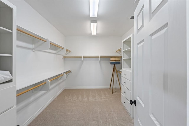 walk in closet with light colored carpet