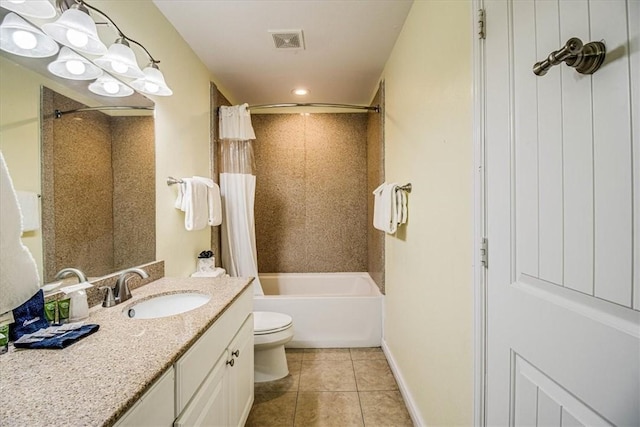 full bathroom featuring tile patterned floors, visible vents, toilet, shower / bath combo, and vanity