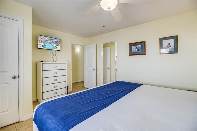 bedroom with a ceiling fan and baseboards