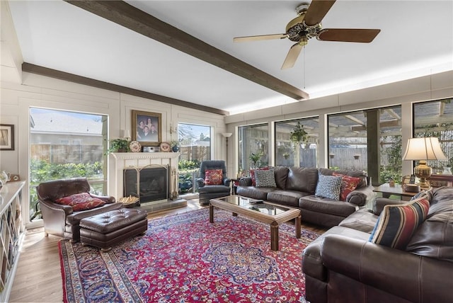 living room with a fireplace with raised hearth, wood finished floors, beam ceiling, and a ceiling fan