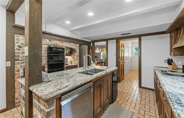 5222 Wooldridge, Corpus Christi, TX 78413 - kitchen with appliances with stainless steel finishes, brick flooring, light stone countertops, beam ceiling, and recessed lighting