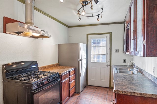 kitchen with gas stove, ventilation hood, crown molding, stainless steel refrigerator, and sink