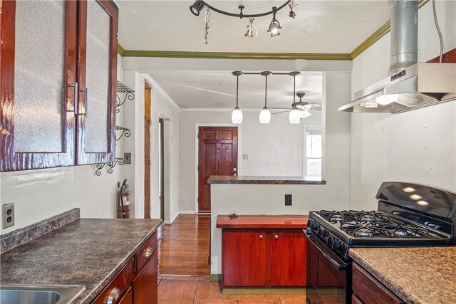 kitchen featuring gas stove, ceiling fan, crown molding, ventilation hood, and pendant lighting