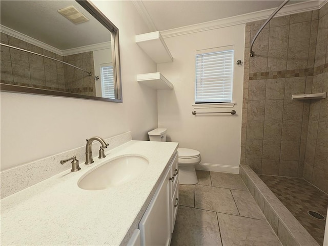 4010 Moorhead Dr, Corpus Christi, TX 78410 - bathroom featuring vanity, tiled shower, crown molding, and tile patterned floors