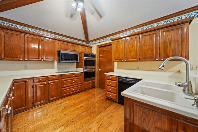 kitchen with black appliances, sink, ceiling fan, lofted ceiling with beams, and light wood-type flooring