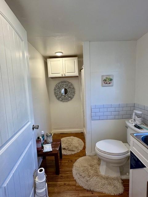 bathroom featuring wood-type flooring, vanity, and toilet