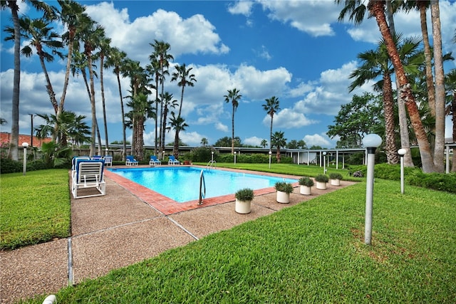 view of pool with a yard and a patio area