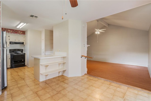 kitchen with open shelves, a ceiling fan, visible vents, and black range with electric cooktop