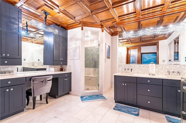 121 Glenmore St, Corpus Christi, TX 78412 - bathroom featuring wood ceiling, tasteful backsplash, a shower stall, double vanity, and coffered ceiling
