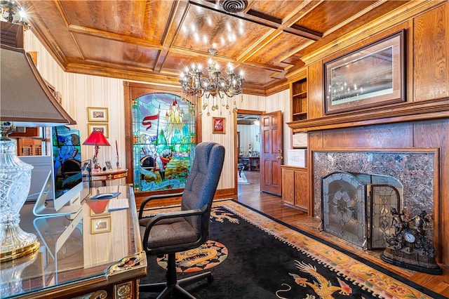 office space featuring wooden walls, wood ceiling, dark hardwood / wood-style flooring, and coffered ceiling