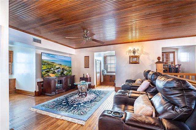 living room featuring light wood-type flooring, a wealth of natural light, ceiling fan, and wooden ceiling