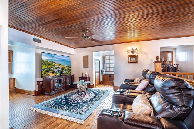 121 Glenmore St, Corpus Christi, TX 78412 - living room with ceiling fan, crown molding, wood ceiling, and wood-type flooring