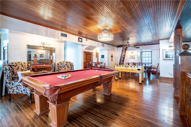 rec room featuring wood-type flooring, wood ceiling, and billiards