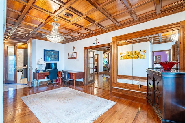 121 Glenmore St, Corpus Christi, TX 78412 - home office with french doors, a chandelier, wood-type flooring, coffered ceiling, and wooden ceiling