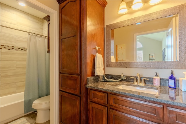 full bathroom with toilet, vanity, and shower / bathtub combination with curtain