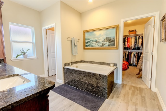 bathroom with hardwood / wood-style floors, a tub, and vanity