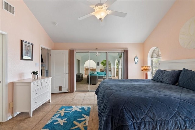 15230 Isla Pinta Ct, Corpus Christi, TX 78418 - bedroom featuring access to exterior, light tile patterned flooring, ceiling fan, and high vaulted ceiling