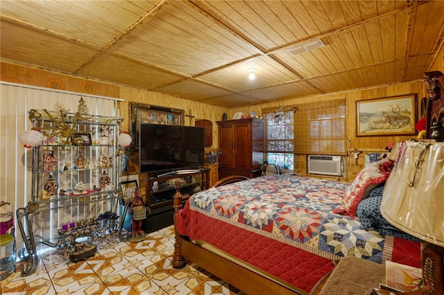 bedroom with wooden walls, cooling unit, and wood ceiling