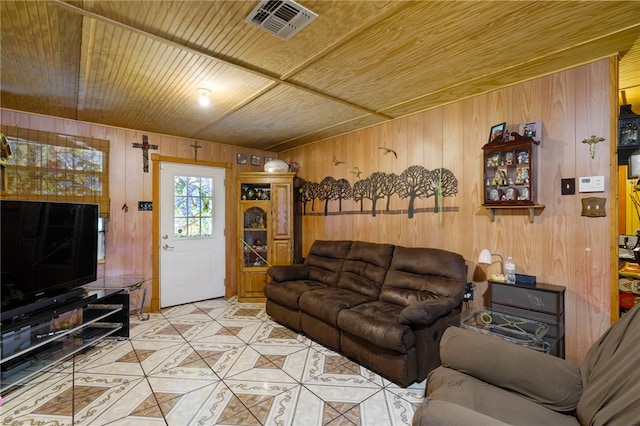 living room featuring wooden walls and wood ceiling