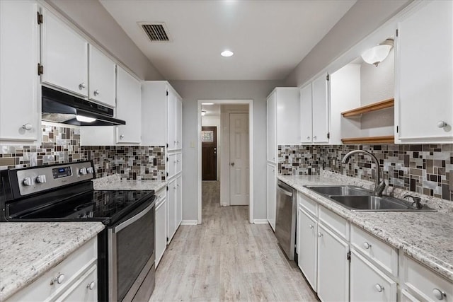 kitchen featuring open shelves, a sink, white cabinets, under cabinet range hood, and appliances with stainless steel finishes