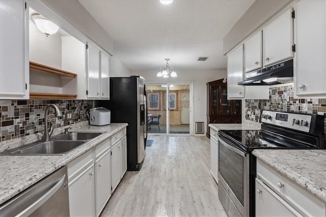 kitchen with visible vents, under cabinet range hood, a sink, appliances with stainless steel finishes, and white cabinets