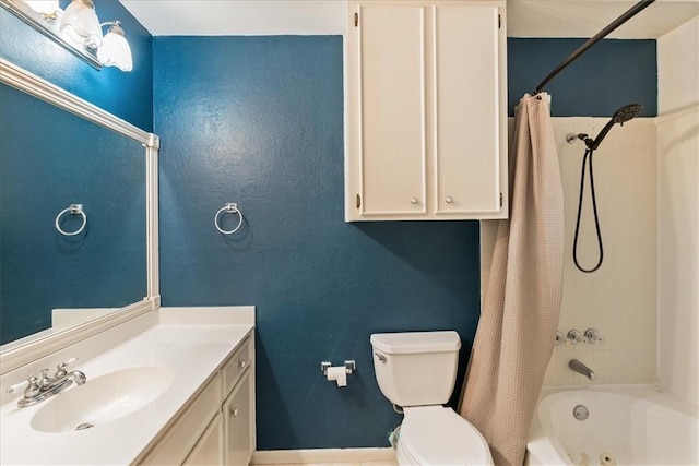 full bath with toilet, shower / bath combo with shower curtain, and vanity