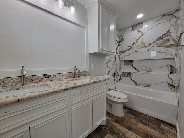 full bathroom featuring vanity, shower / bathtub combination, toilet, and wood-type flooring