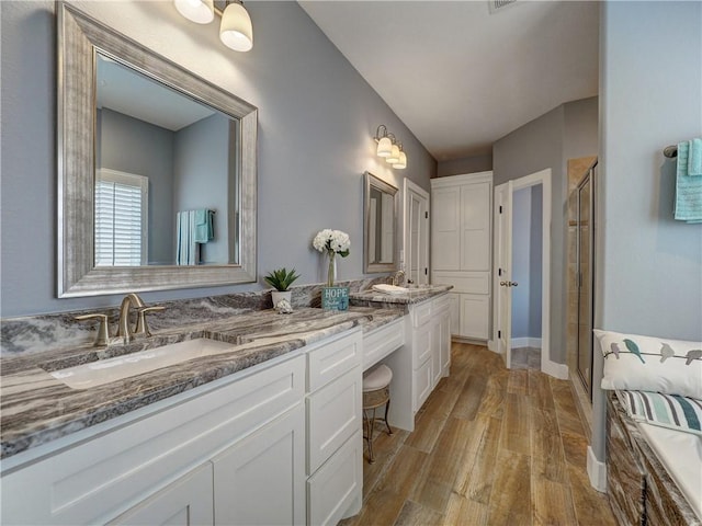 bathroom featuring a shower with door, wood-type flooring, and vanity