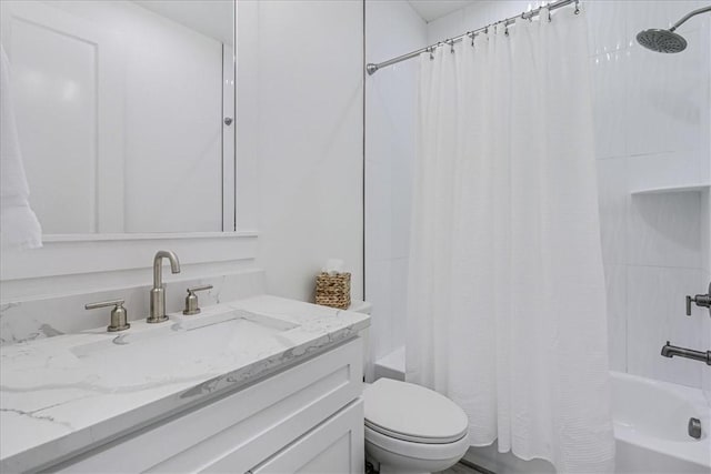 bathroom with toilet, shower / bathtub combination with curtain, and vanity